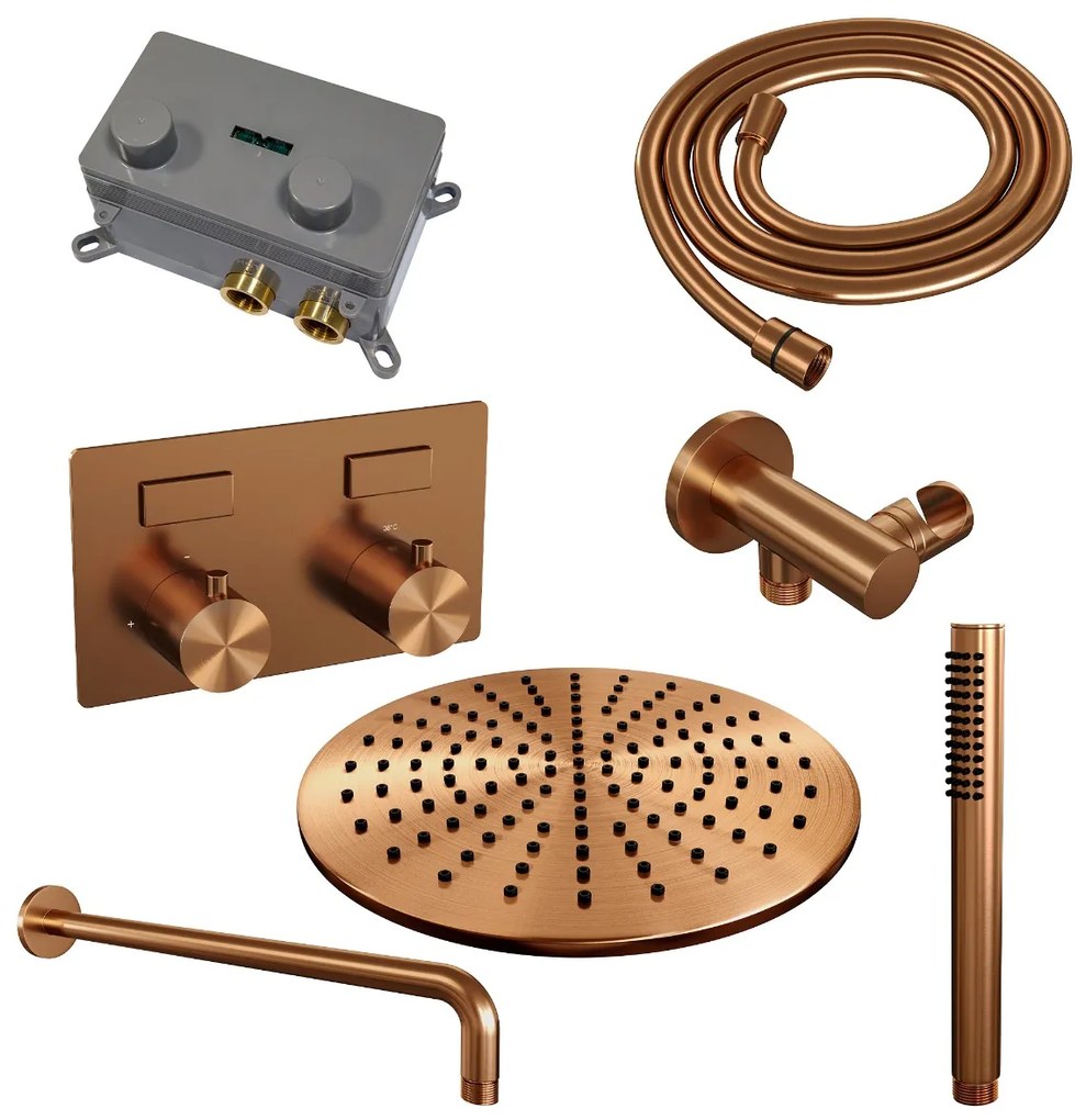 Brauer Copper Edition thermostatische inbouw regendouche met staafhanddouche, gebogen muurarm en hoofddouche 30cm set 52 koper geborsteld PVD