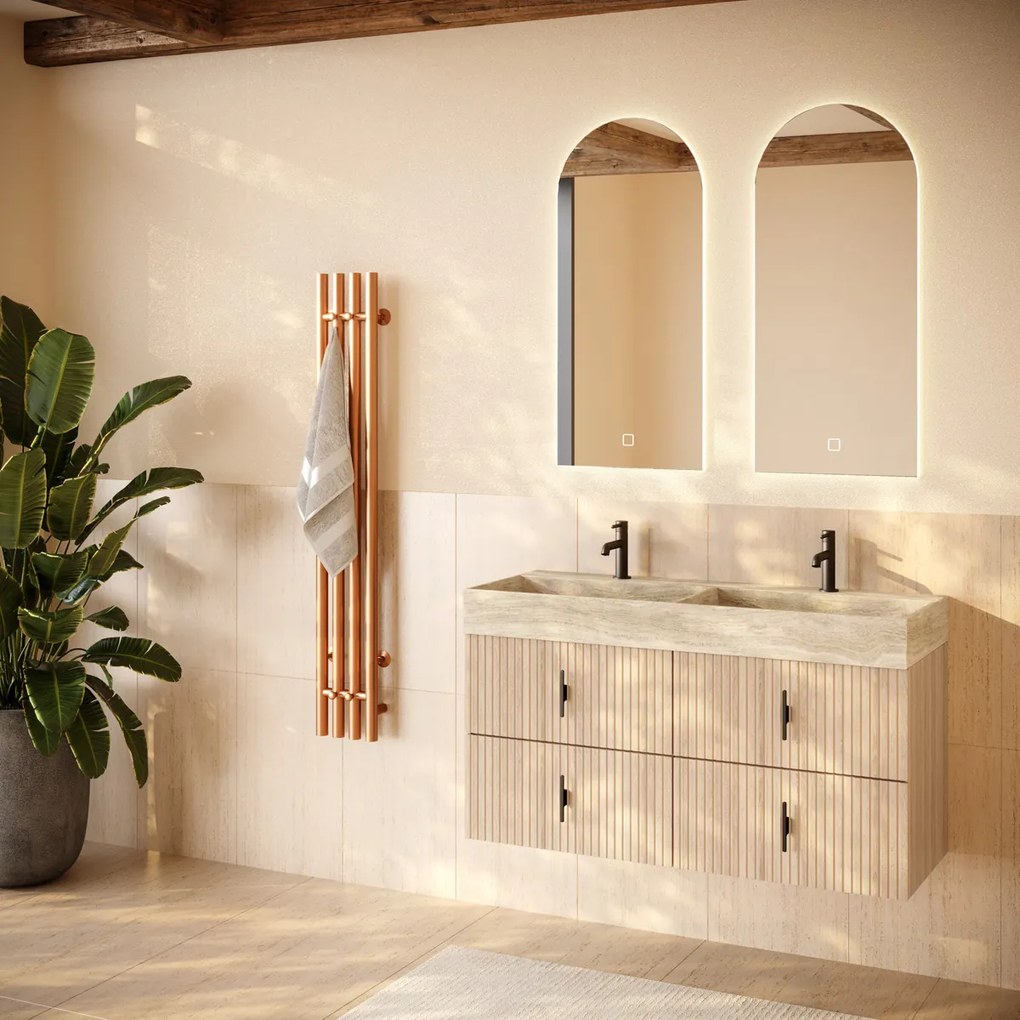 Muebles Murcia badmeubel ribbelfront 120cm naturel eiken met White Travertin wastafel met kraangaten