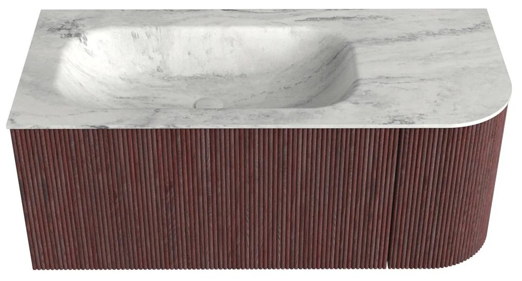Mondiaz Kurve-dlux 105cm badmeubel ronding rechts ruby met 1 lade en deur en wastafel big small links zonder kraangat opalo