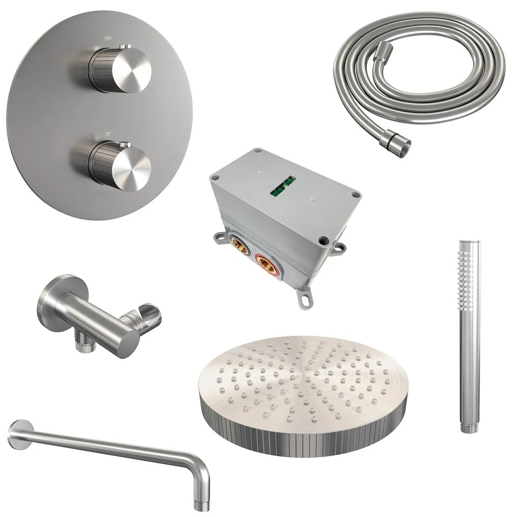 Brauer Stripe inbouw regendouche rond met 25cm hoofddouche, gebogen muurarm en staafhanddouche set 38 RVS geborsteld PVD