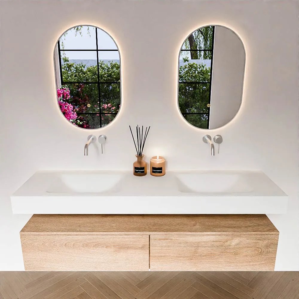 Zaro Alan badmeubel 170cm washed oak 2 lades met vrijhangende wastafel cloud dubbel zonder kraangat talc