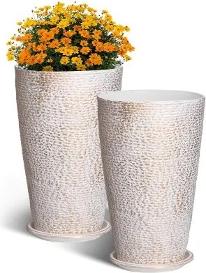 VEVOR Bloempot, Set van 2, Grote Conische Plantenpot 530 mm, Bloempot met Steenlook, Plantenbak, Elegant Design, Efficiënt Drainagesysteem, voor Veranda, Terras, Kantoor, Buiten, Binnen, Beige