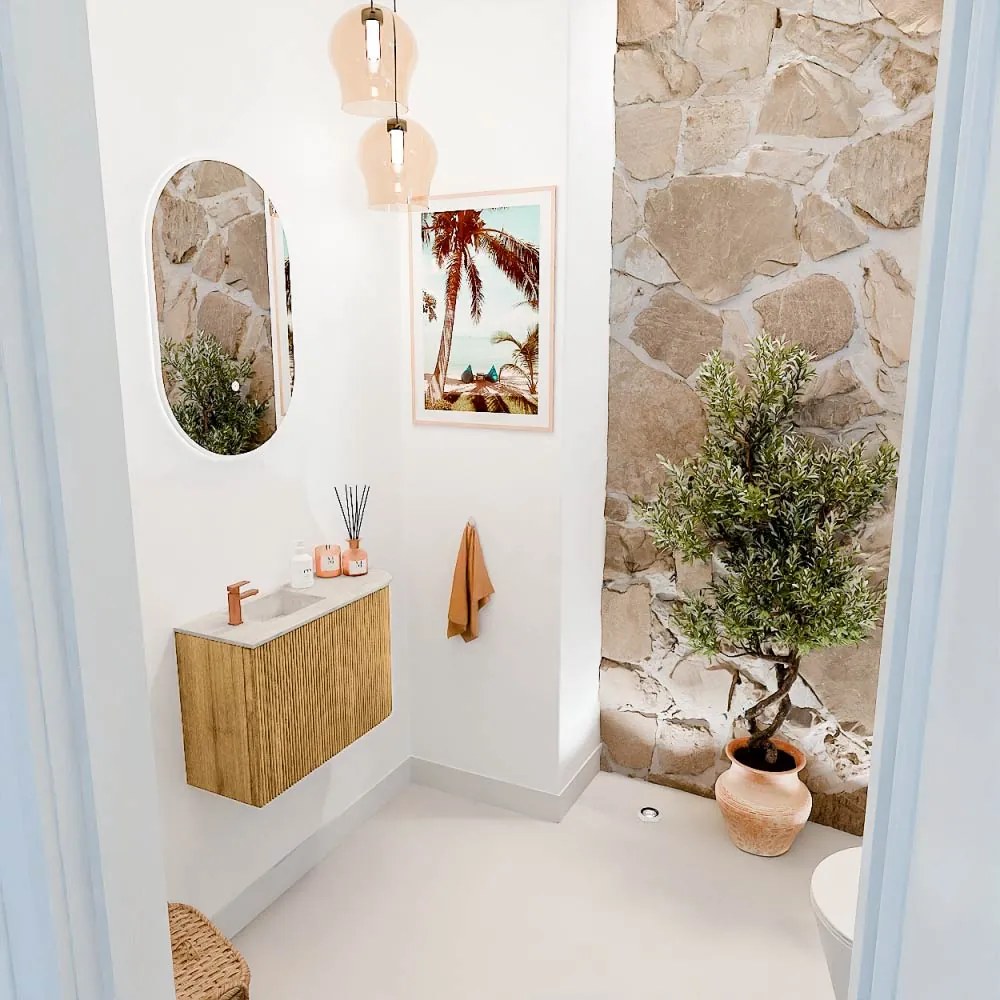 Mondiaz Joya DLux 60cm toiletmeubel ronding rechts oak met wastafel faye links 1 kraangat ostra