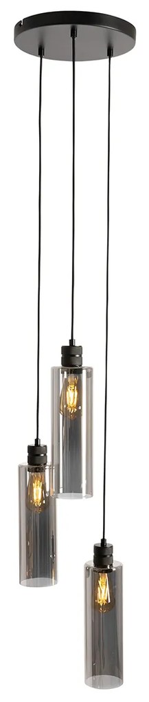 Moderne hanglamp zwart met smoke glas 3-lichts - Stavelot