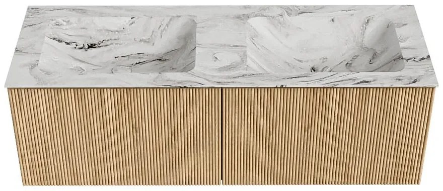 Mondiaz Kurve-dlux 130cm badmeubel oak met 2 lades en wastafel leaf dubbel zonder kraangat glace
