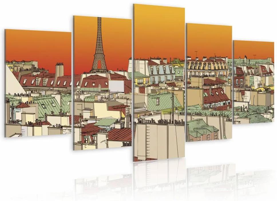 Schilderij - Oranje lucht boven Parijs  , 5 luik