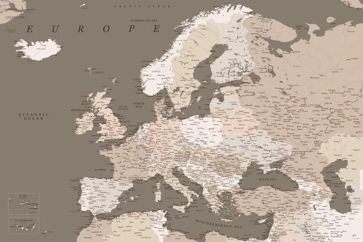 Kaart Detailed map of Europe in earth tones, Blursbyai