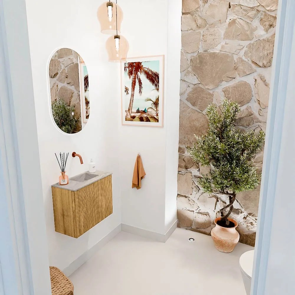 Mondiaz Joya DLux 50cm toiletmeubel oak met wastafel faye rechts zonder kraangat glace