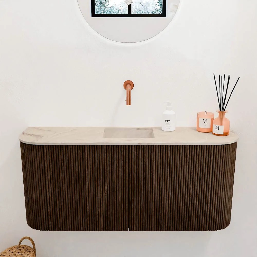 Mondiaz Joya DLux 95cm toiletmeubel ronding links/rechts walnut met wastafel faye midden zonder kraangat frappe