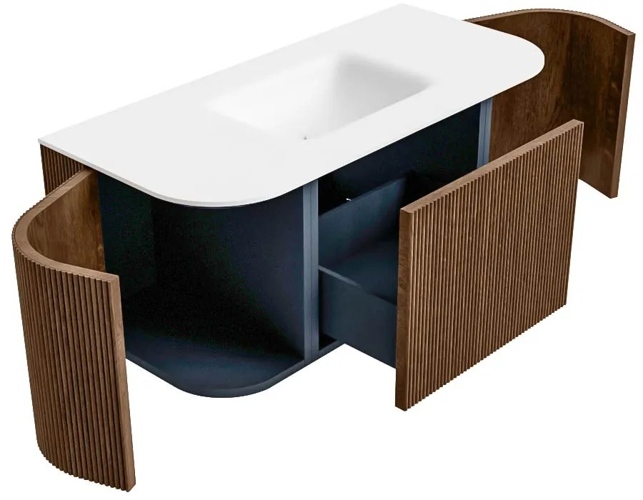 Mondiaz Kurve 100cm badmeubel ronding links/rechts walnut met 1 lade en 2 deuren en wastafel grunne midden zonder kraangat