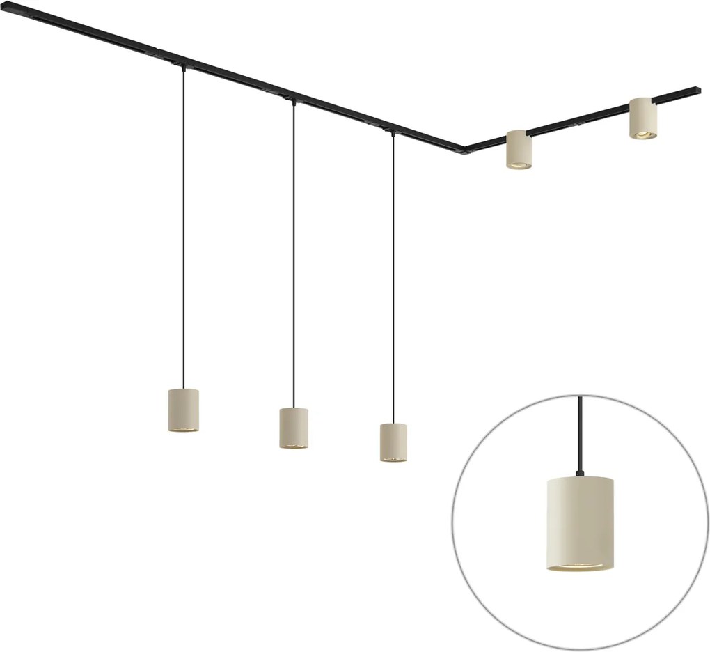 Modern railsysteem zwart met 3 hanglampen en 2 spots beige 1-fase - Iconic Holt Rondoo Up