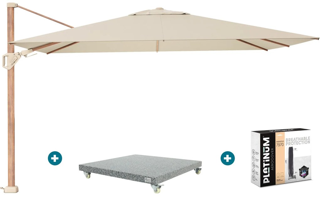 Platinum Challenger zweefparasol Premium T2 2,6x3,5 m - Champagne teak + voet en hoes