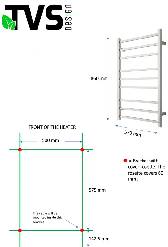 TVS Design Eldo 9F elektrische radiator RVS 100W 86x53cm