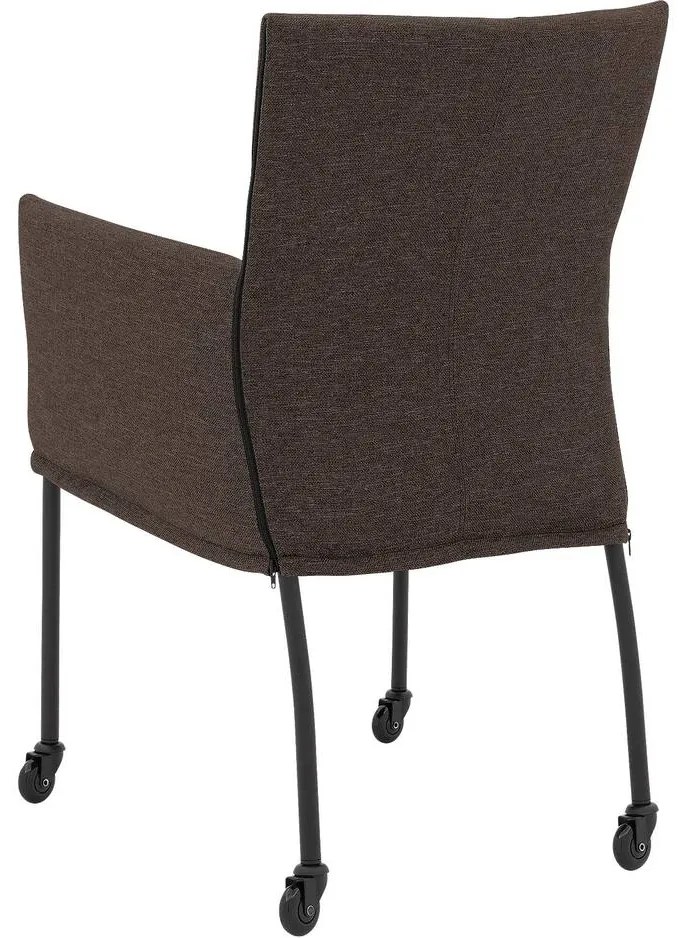 Goossens Eetkamerstoel Funk Zwarte Poten bruin stof met armleuning en Zwart skater wiel met zwarte kapmet wielen, modern design