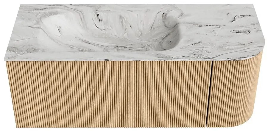 Mondiaz Kurve-dlux 115cm badmeubel ronding rechts oak met 1 lade en deur en wastafel big small links zonder kraangat glace