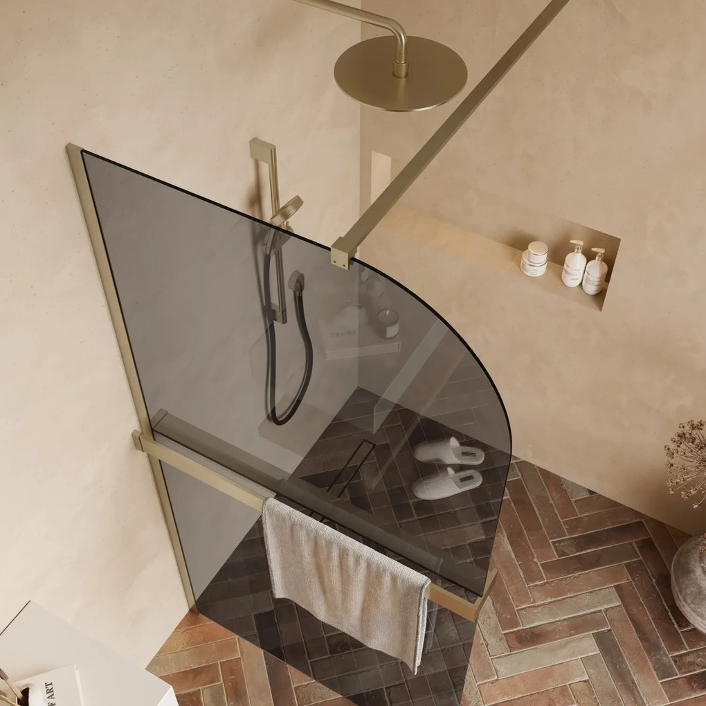 Saniclear Moon afgeronde inloopdouche 100cm geborsteld messing met rookglas en handdoekhouder