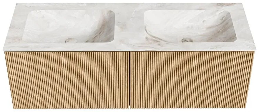 Mondiaz Kurve-dlux 130cm badmeubel oak met 2 lades en wastafel leaf dubbel 2 kraangaten frappe