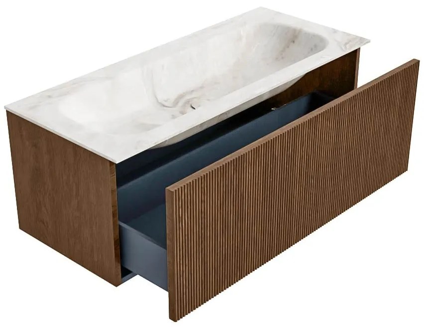 Mondiaz Kurve-dlux 110cm badmeubel walnut met 1 lade en wastafel big medium midden zonder kraangat frappe