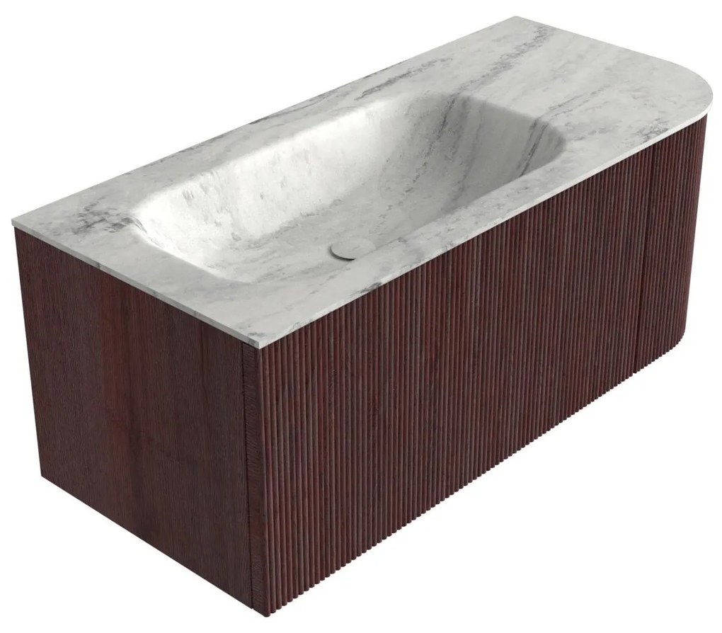Mondiaz Kurve-dlux 105cm badmeubel ronding rechts ruby met 1 lade en deur en wastafel big small links zonder kraangat opalo