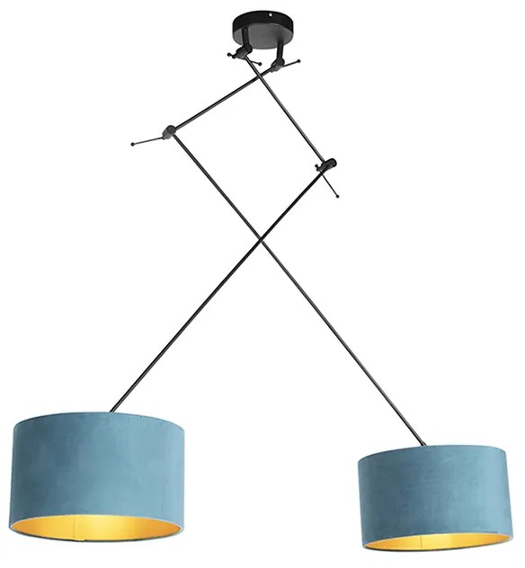 Hanglamp zwart met velours kappen blauw met goud 35 cm 2-lichts - Blitz