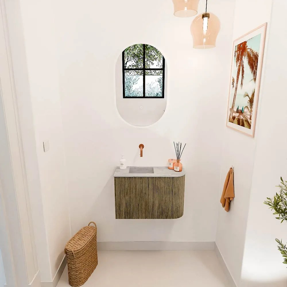 Mondiaz Joya DLux 60cm toiletmeubel ronding rechts dusk met wastafel faye links zonder kraangat glace