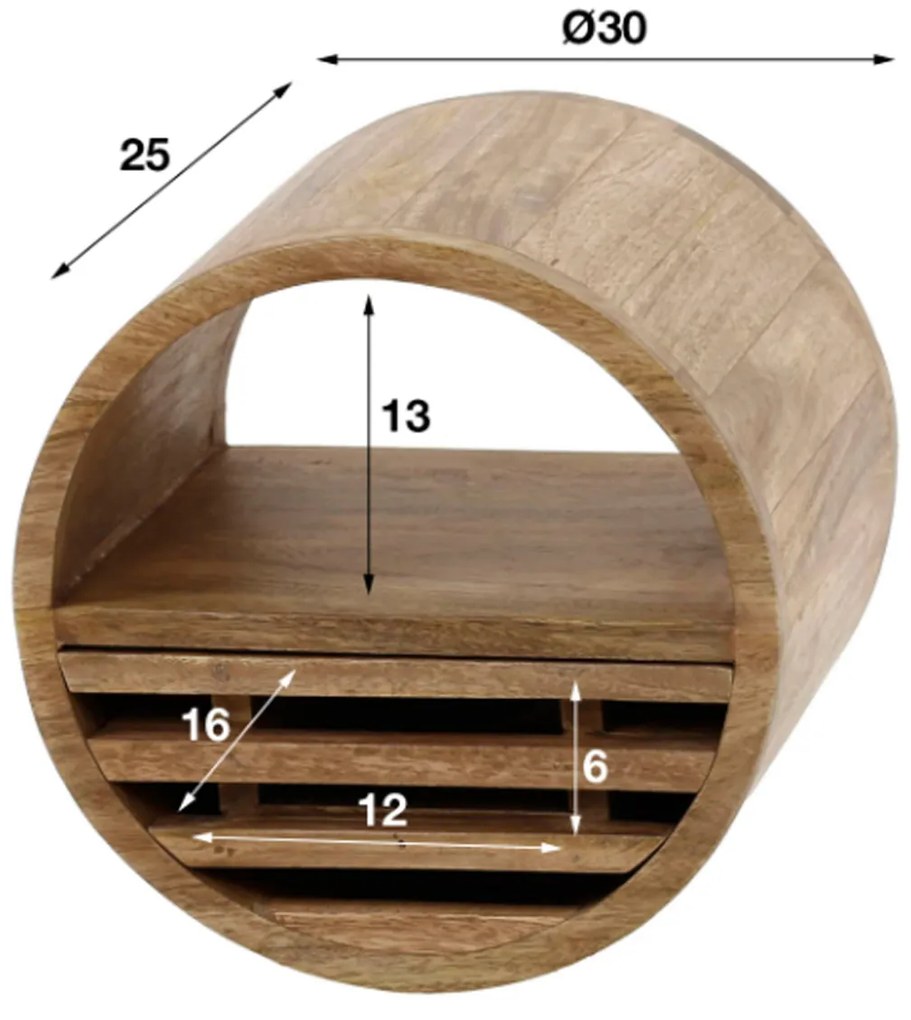 Houten Wandschap Met Lade Rond 30 Cm - 30x25x30cm.