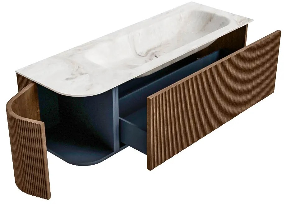 Mondiaz Kurve-dlux 135cm badmeubel ronding links walnut met 1 lade en deur en wastafel big medium kraangat rechts frappe