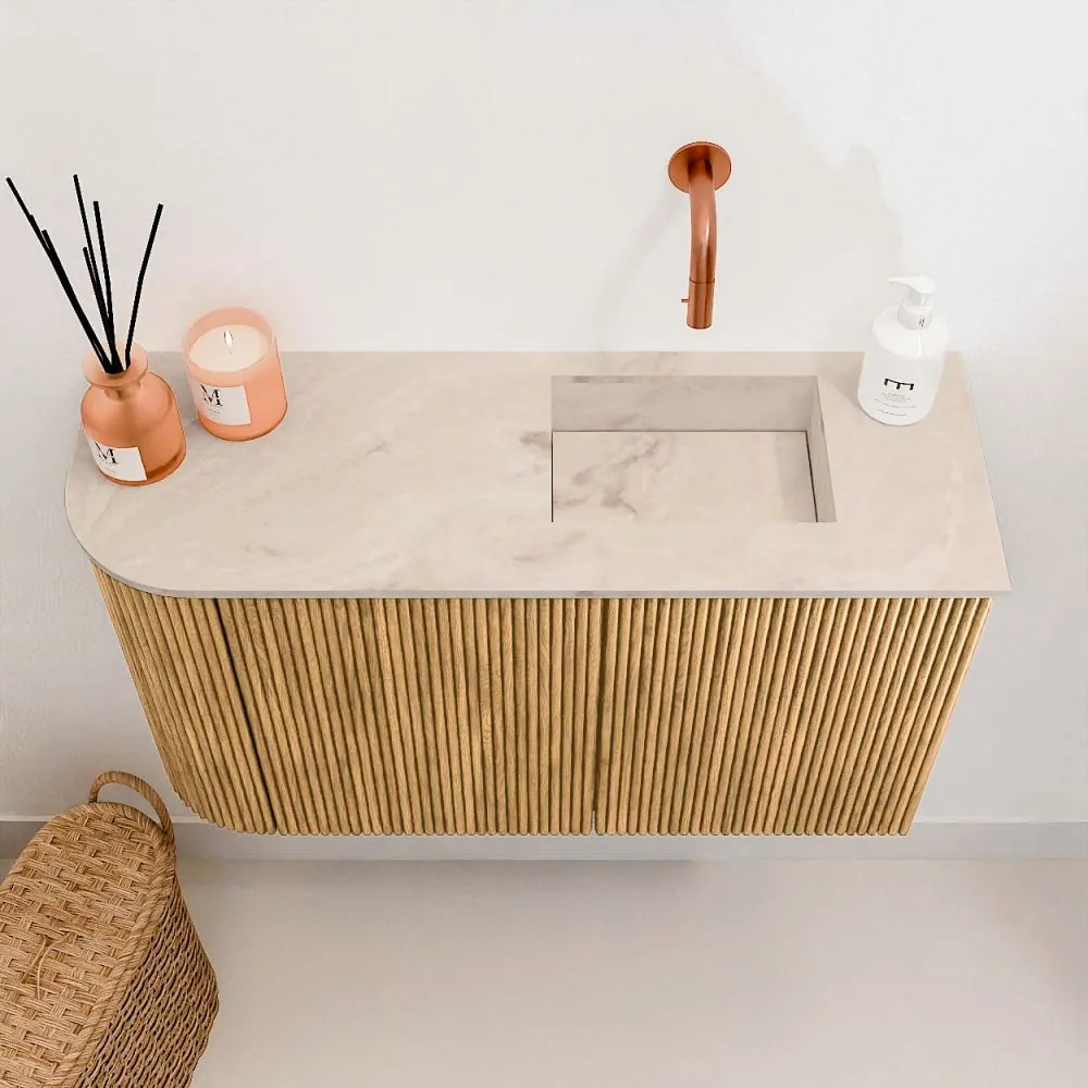 Mondiaz Joya DLux 70cm toiletmeubel ronding links oak met wastafel faye rechts zonder kraangat frappe