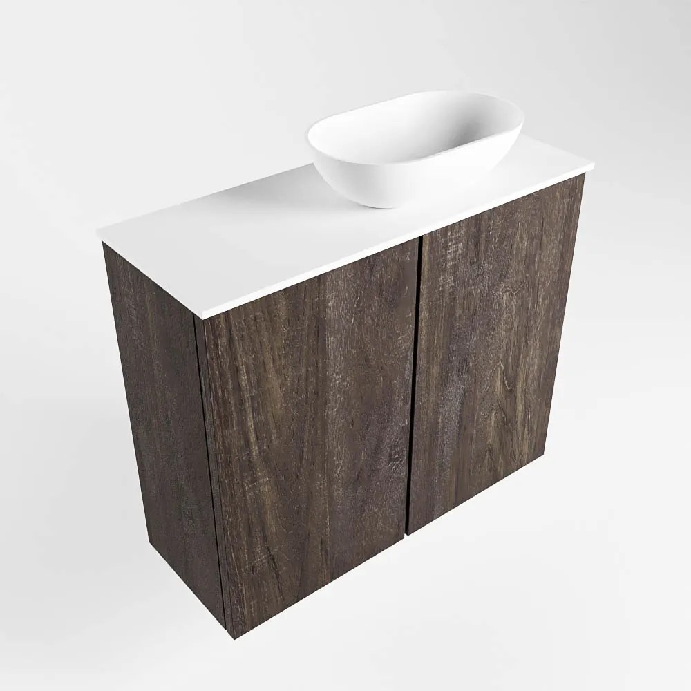 Mondiaz Fowy toiletmeubel 60cm dark brown met witte waskom rechts zonder kraangat