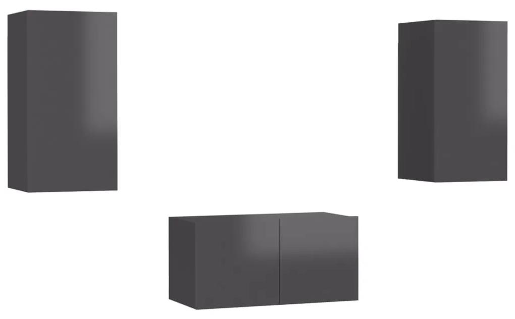 vidaXL 3-delige Tv-meubelset spaanplaat hoogglans grijs