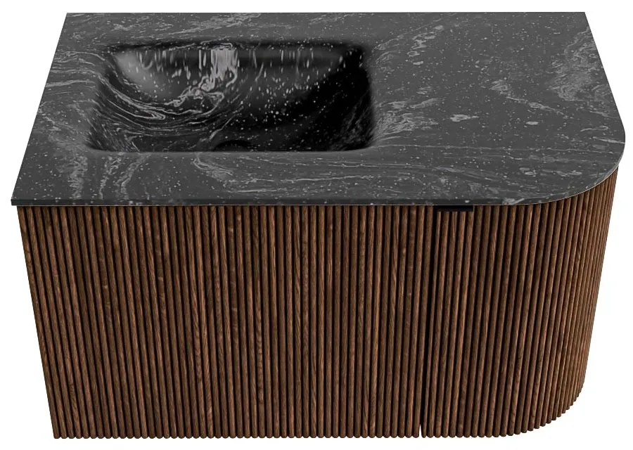 Mondiaz Kurve-dlux 75cm badmeubel ronding rechts walnut met 1 lade en deur en wastafel grunne links zonder kraangat lava