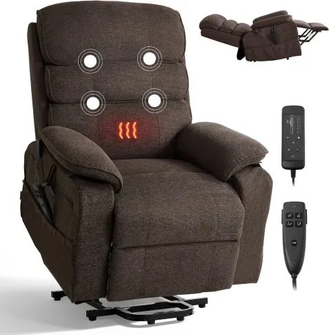 VEVOR elektrische tv-fauteuil, relaxfauteuil met liftfunctie, verwarming en massagefunctie, traploos verstelbare stoel voor senioren, massagestoel met chenille bekleding en afstandsbediening, bruin
