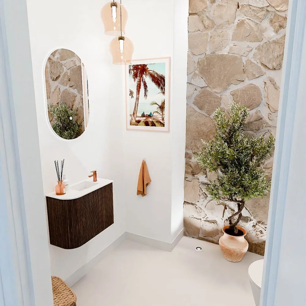 Mondiaz Joya 50cm toiletmeubel ronding links walnut met wastafel faye rechts 1 kraangat talc