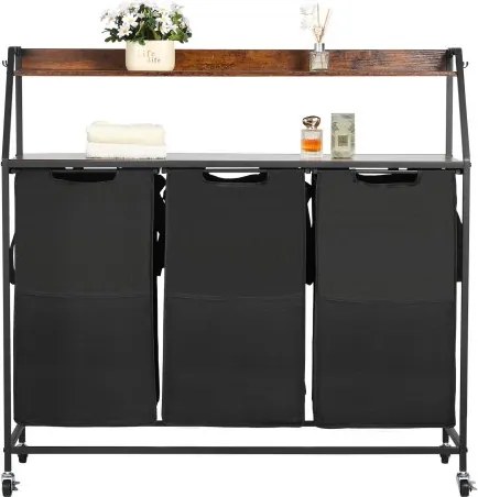 VEVOR Wasmand Wassorteerder met 3 compartimenten (600D Oxford-stof) en houten tafelblad, wasverzamelaar op wielen met ladderplanken, wasscheider Wassorteersysteem voor vuile was