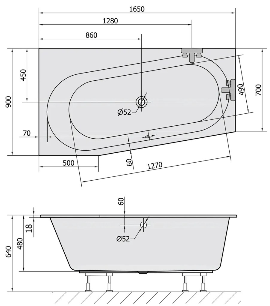 Polysan Astra Slim asymmetrisch bad links schuin 165x80x48cm wit