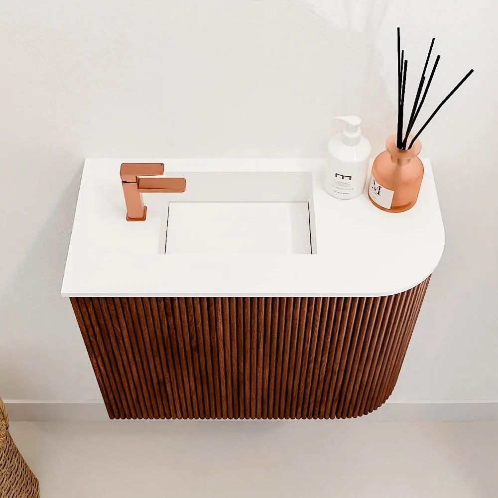 Mondiaz Joya 50cm toiletmeubel ronding rechts ruby met wastafel faye links 1 kraangat talc
