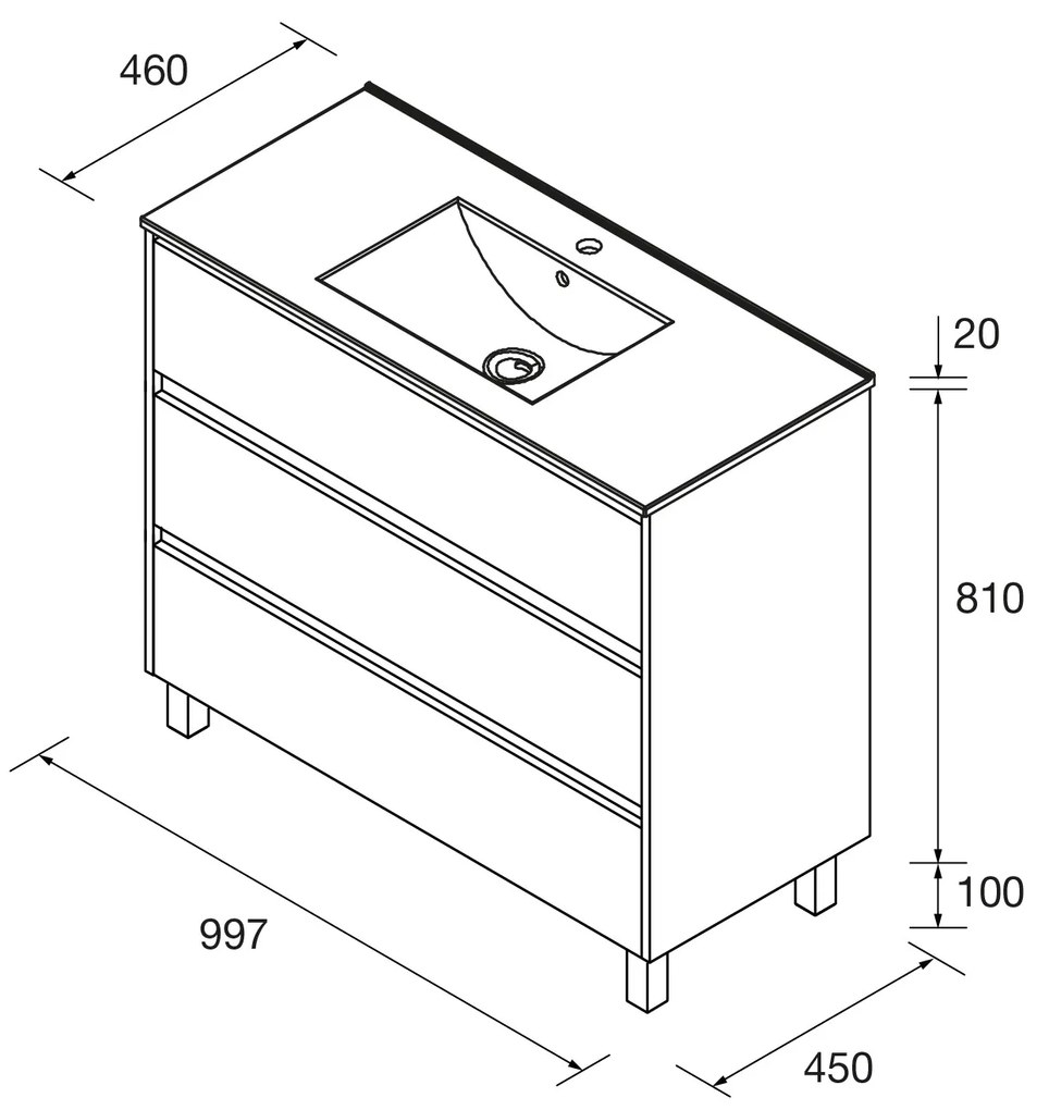 Muebles Project badmeubel 100cm met 3 lades en wastafel zwart mat