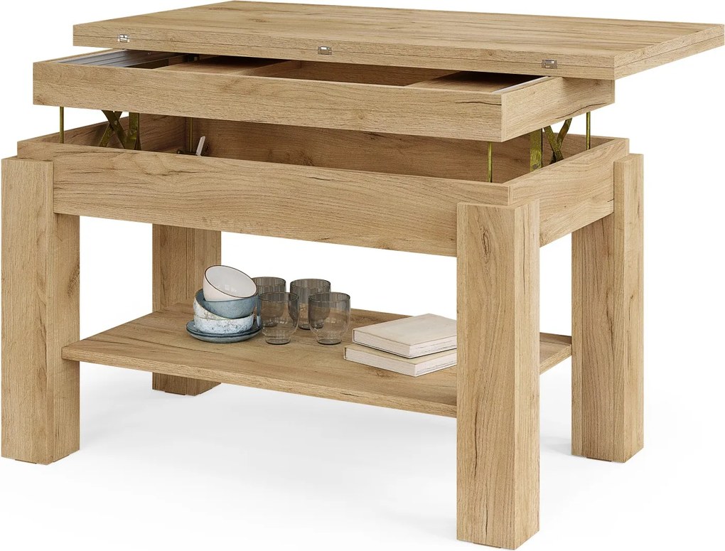 BRAVO goud eiken – uitschuifbare en in hoogte verstelbare salontafel, tafel met plank