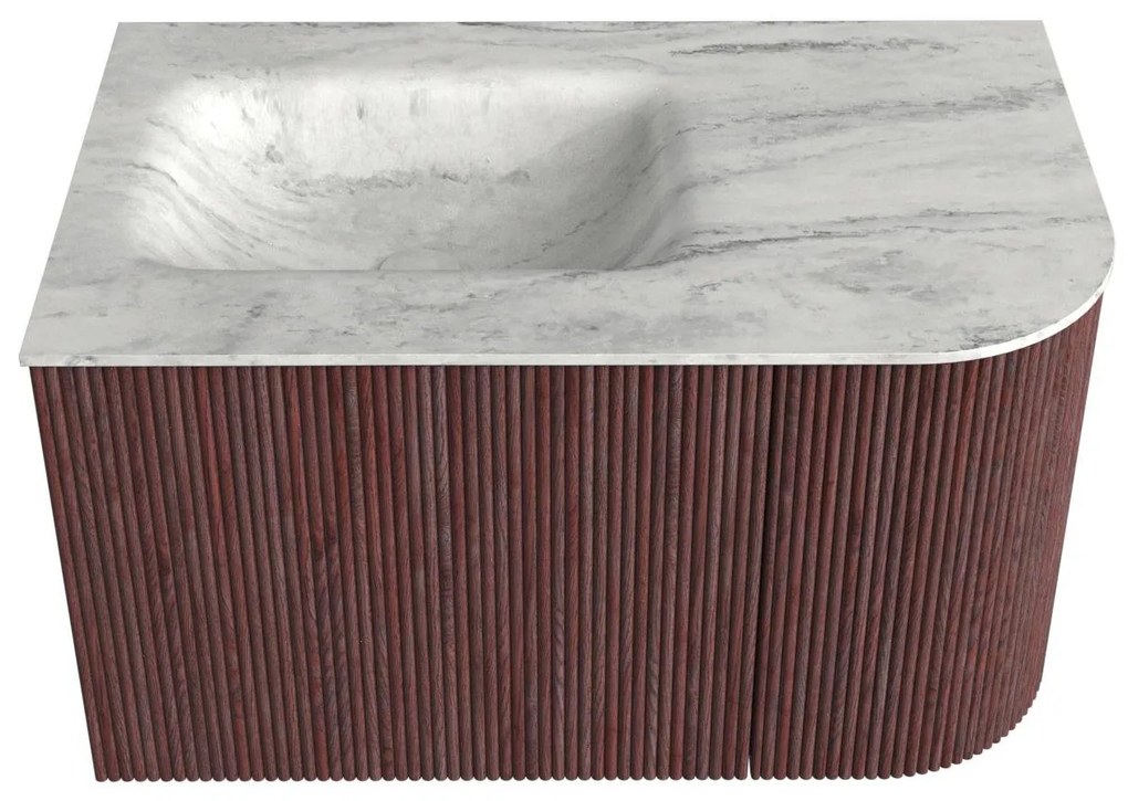 Mondiaz Kurve-dlux 75cm badmeubel ronding rechts ruby met 1 lade en deur en wastafel grunne links zonder kraangat opalo