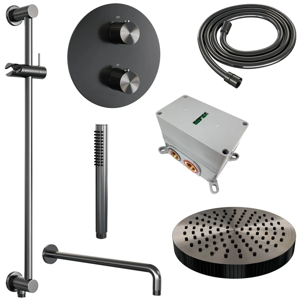 Brauer Stripe inbouw regendouche rond met 25cm hoofddouche, rond met gebogen muurarm, glijstang en staafhanddouche set 44 gunmetal geborsteld PVD