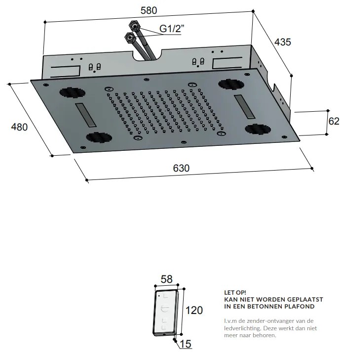 Hotbath Mate M192 inbouw hoofddouche met LED, spray en Bluetooth 48x63cm geborsteld nikkel