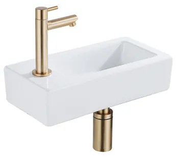 QeramiQ Fuente Fonteinset - 37.5x18.5x9cm - keramiek - kraangat links - fonteinkraan geborsteld messing - afvoerplug - verlaagd sifon - Glans wit SW1122449/SW696208/SW696218/SW696238