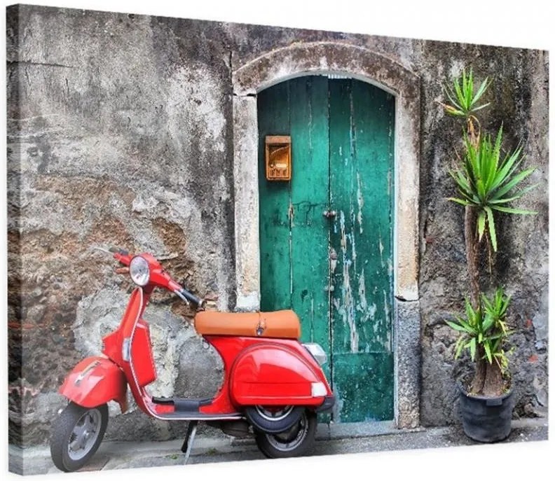 Schilderij - Rode scooter voor de deur