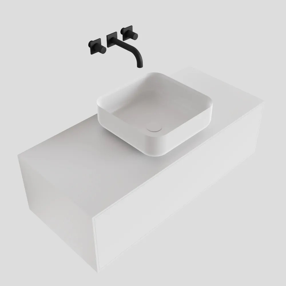 Zaro Lagom volledig naadloos solid surface onderkast met topblad 100cm mat wit met 1 lades Push tot open. Compleet met solid surface opzetkom met 0 kraangat(en)