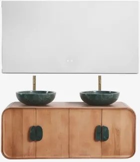 Dubbel Zwevend Badkamermeubelset 130x45 Cm Van Mangohout En Natuurlijke Kivalina-steen Udaipur Groen Marmer - Mangohout & 2 X Onde Groene Marmeren -
