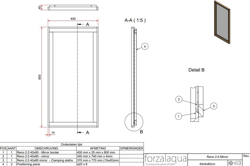 Forzalaqua Reno spiegel 40x80cm black oiled