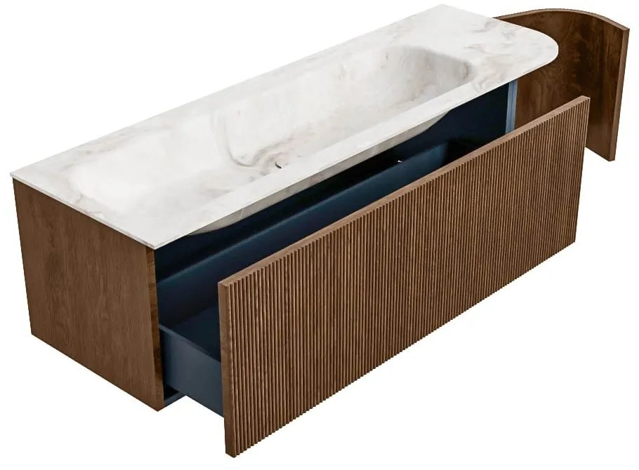 Mondiaz Kurve-dlux 145cm badmeubel ronding rechts walnut met 1 lade en deur en wastafel big large kraangat links frappe