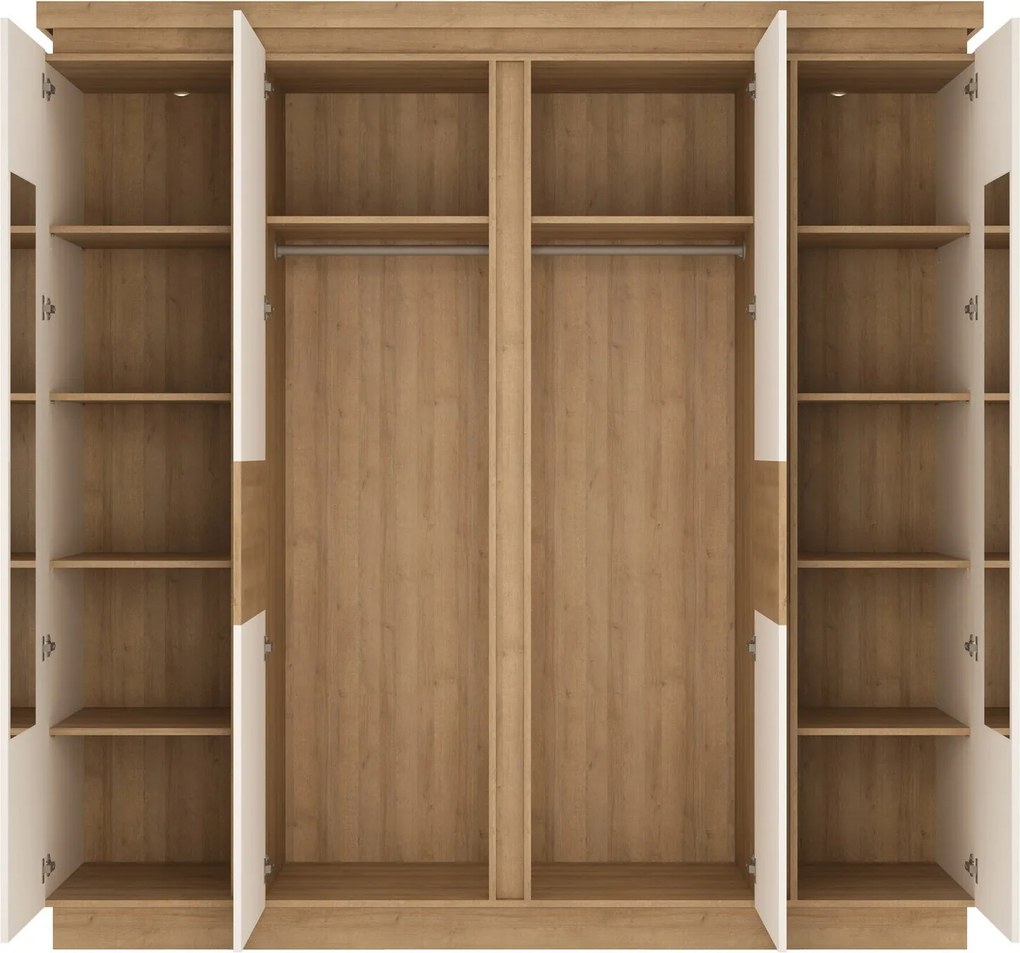 Kledingkast Feldeli 116, Glanzend wit, Riviera eiken, 217x216x60cm, 217 kg, Kledingkast deuren: Met scharnieren