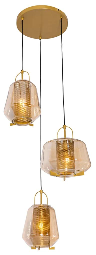 Hanglamp goud amber glas rond 3-lichts - Kevin Art Deco E27 Binnenverlichting Lamp