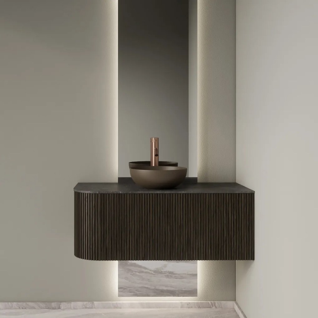 Gliss Design Alluro badmeubel ribbelfront met ronding links 100cm charcoal en zwart leisteen toppaneel